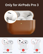Leather AirPods Pro 3 case, brown, open lid with earbuds inside