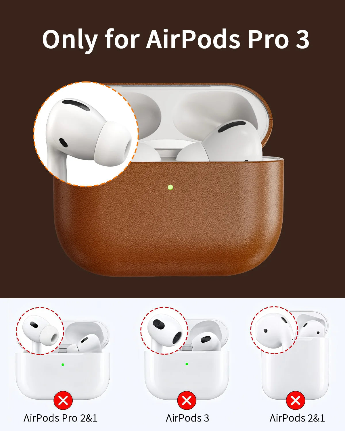 Leather AirPods Pro 3 case, brown, open lid with earbuds inside