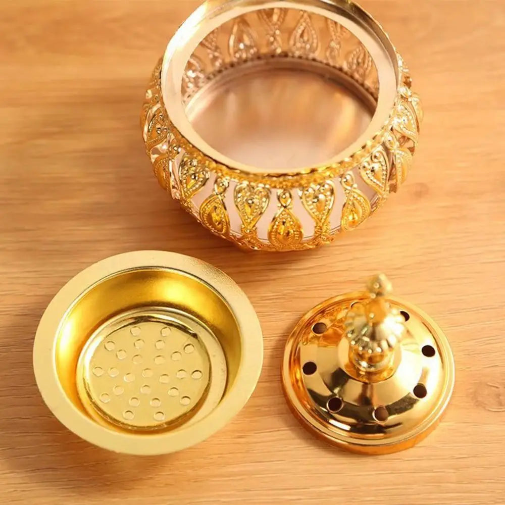 Gold incense holder base with round tray, perforated insert, and matching lid