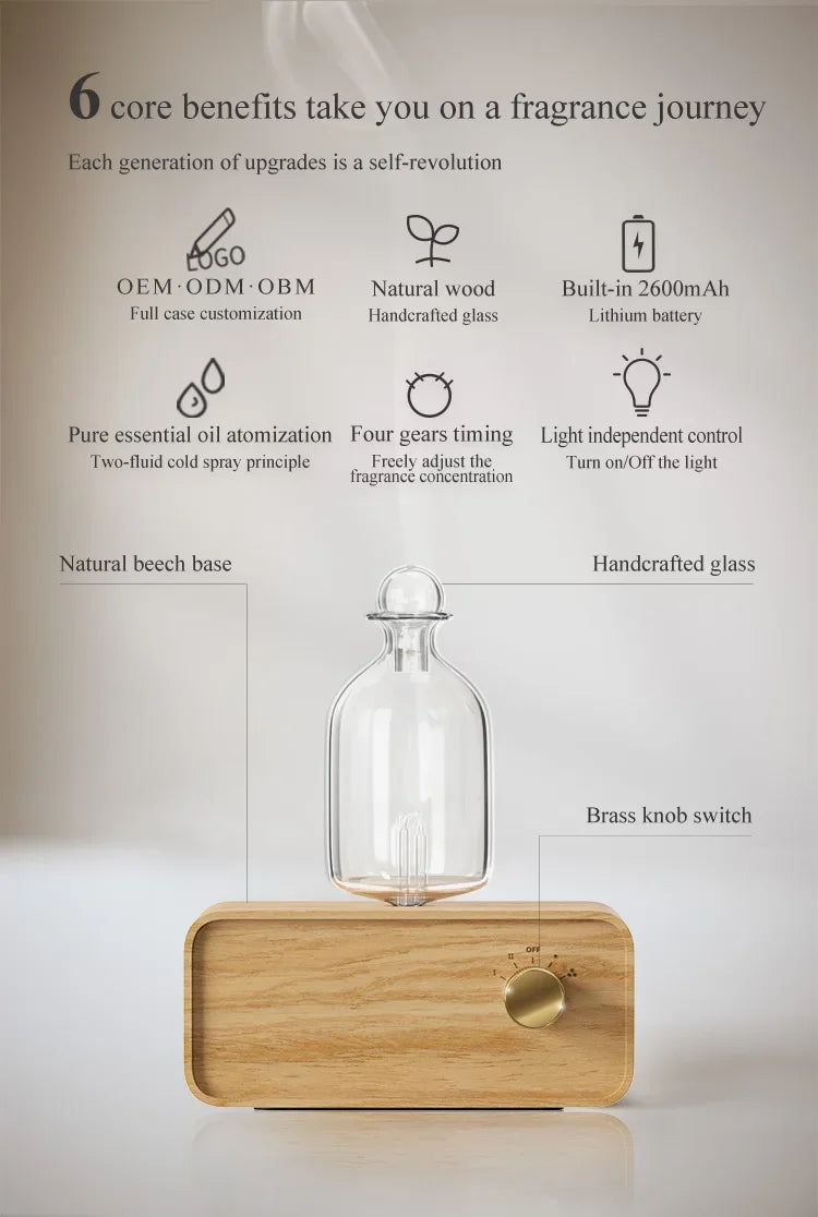 Essential oil diffuser with clear glass bottle on light wood base, brass knob switch on front