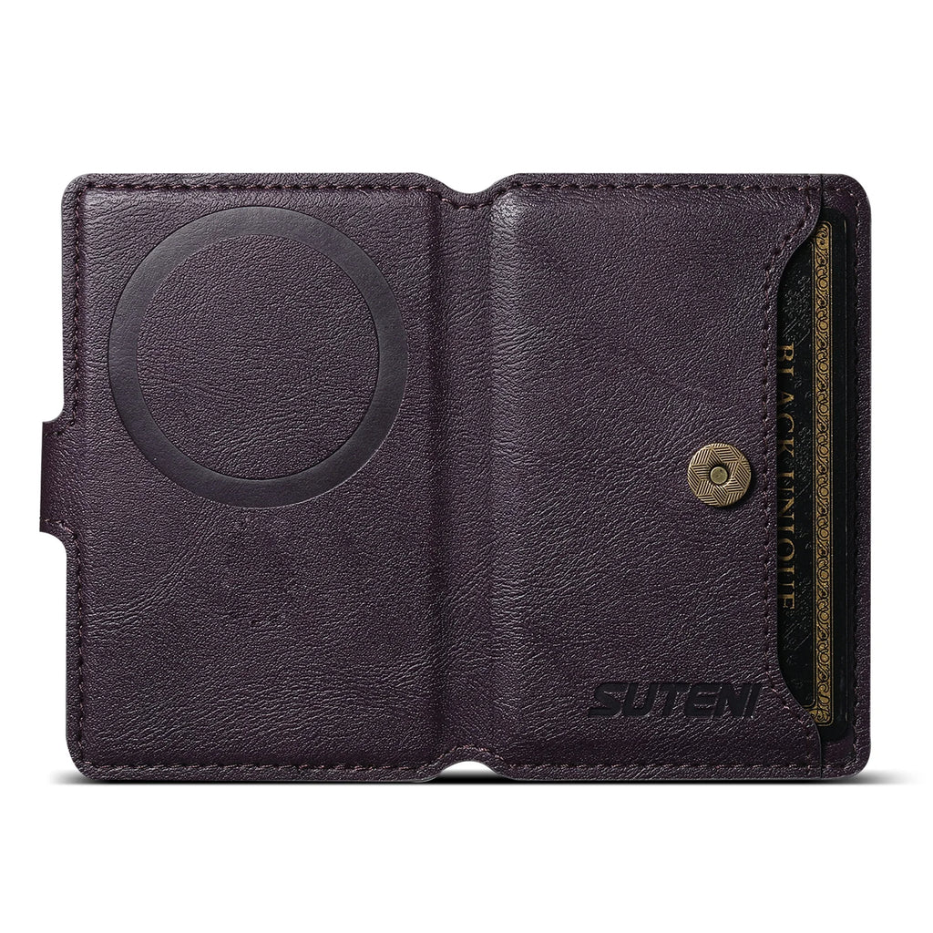 Dark purple leather MagSafe phone wallet open view with embossed magnetic circle and card slot