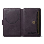 Dark purple leather MagSafe phone wallet open view with embossed magnetic circle and card slot