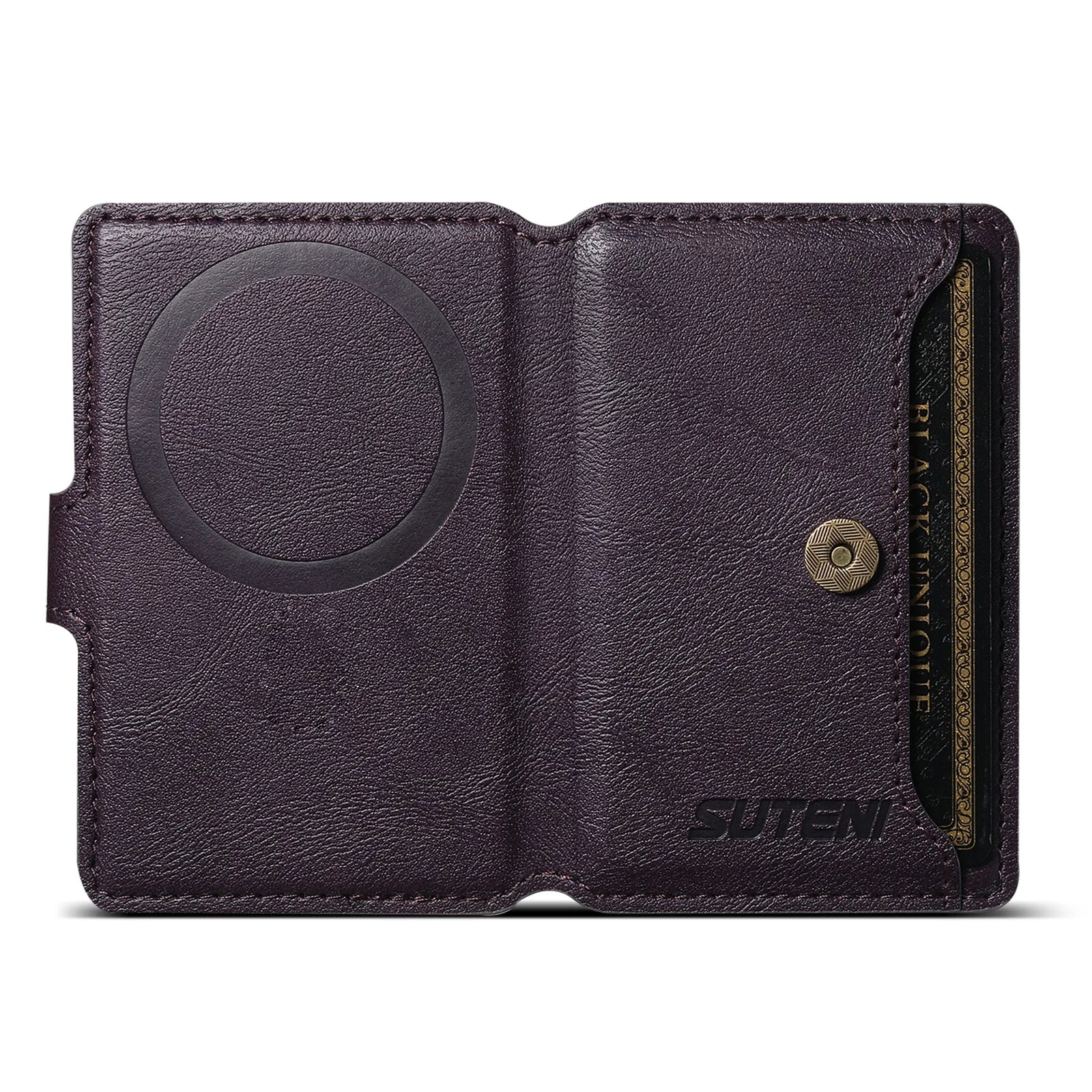 Dark purple leather MagSafe phone wallet open view with embossed magnetic circle and card slot