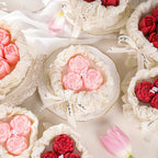Romantic Bouquet Candle gift box with pink and red rose candles, bows and ruffled wrap