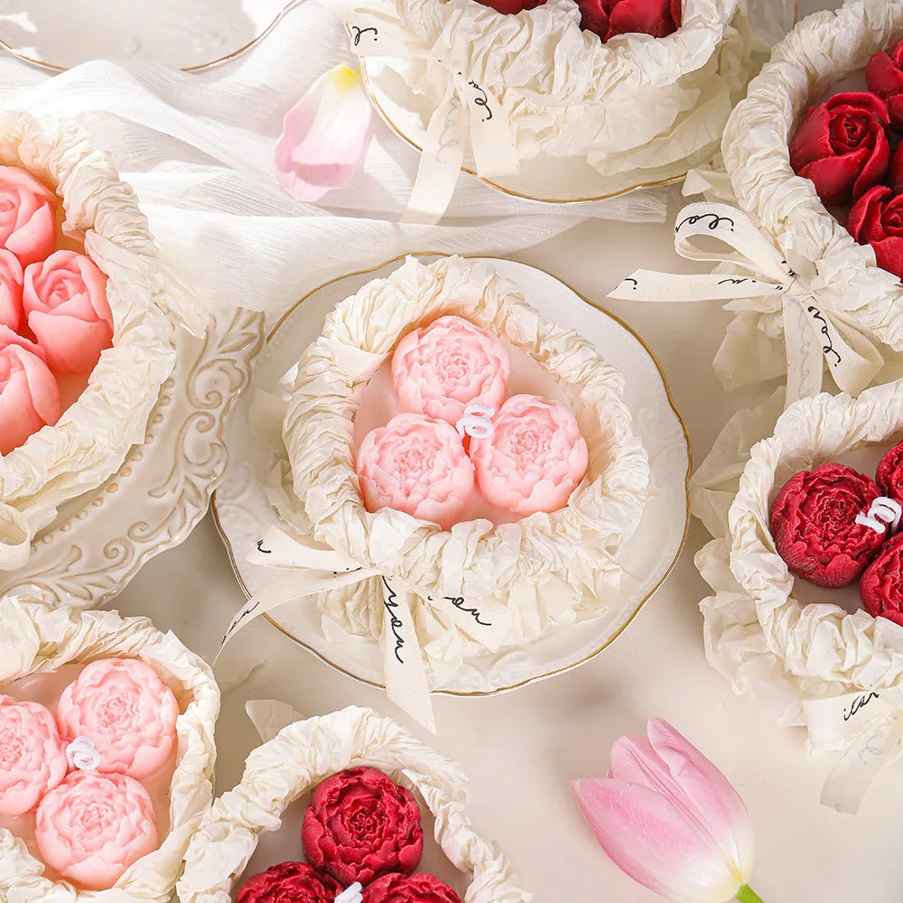 Romantic Bouquet Candle gift box with pink and red rose candles, bows and ruffled wrap