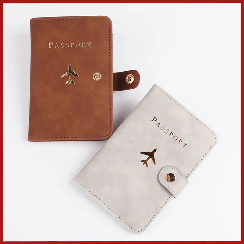 Passport folio set with brown cover and matching light cover with airplane and snap strap