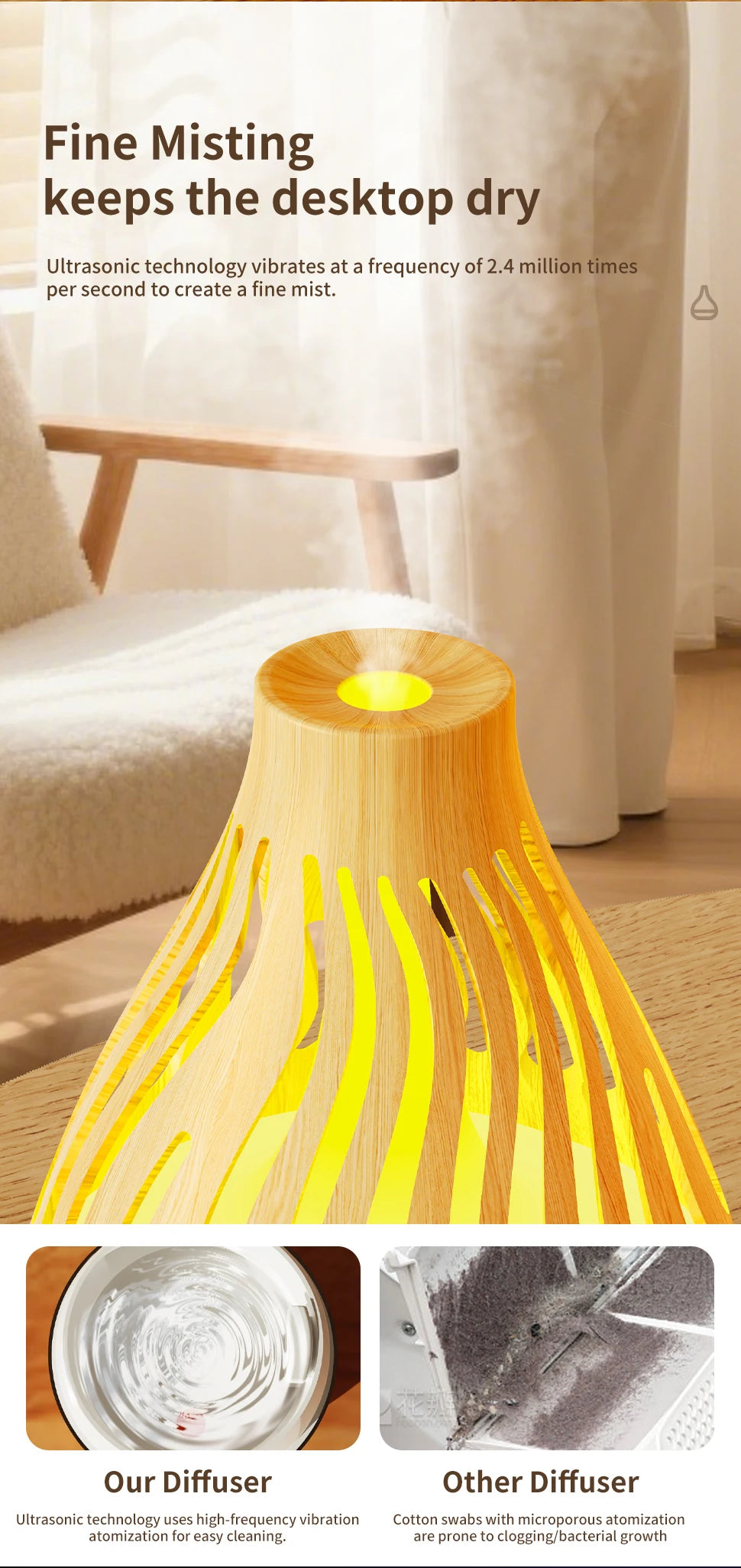 Wood grain aroma diffuser top with green LED light and mist spraying from vent.