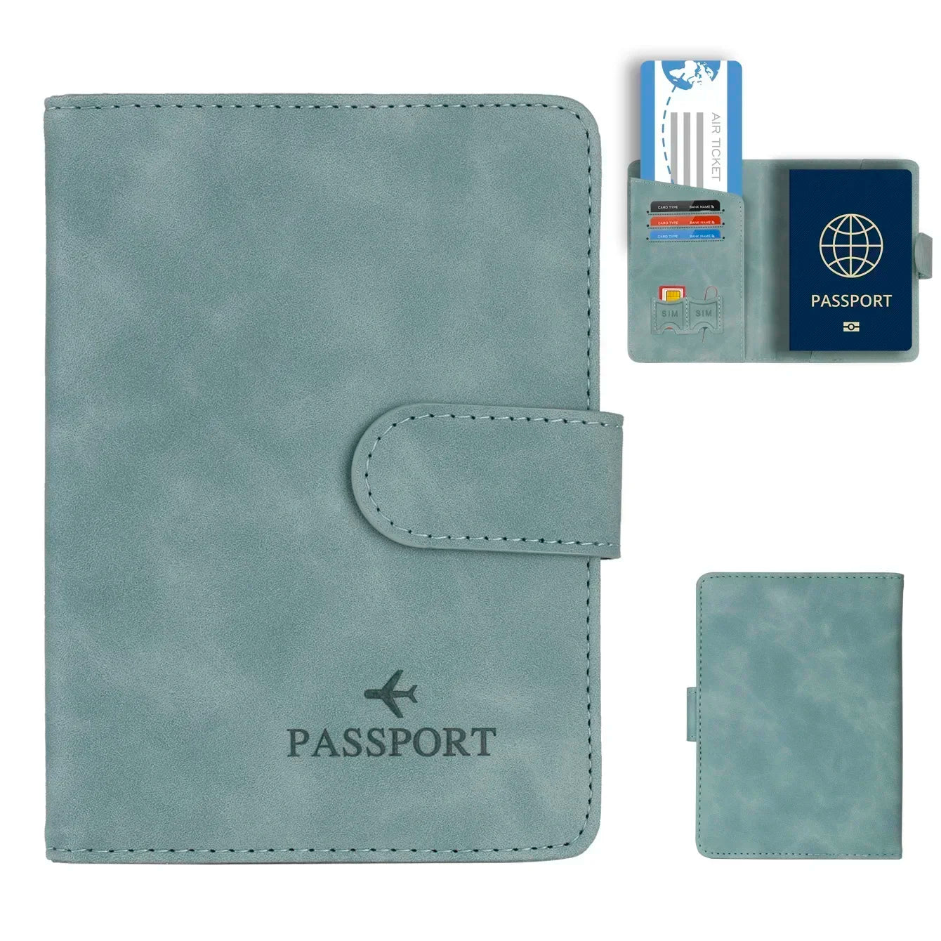 Sage green vegan leather passport wallet with snap flap and card slots