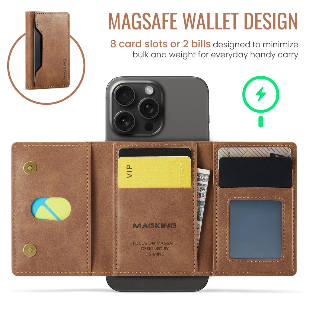 Brown slim leather wallet with card slots and interior pocket, folded open