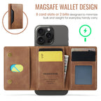 Brown slim leather wallet with card slots and interior pocket, folded open