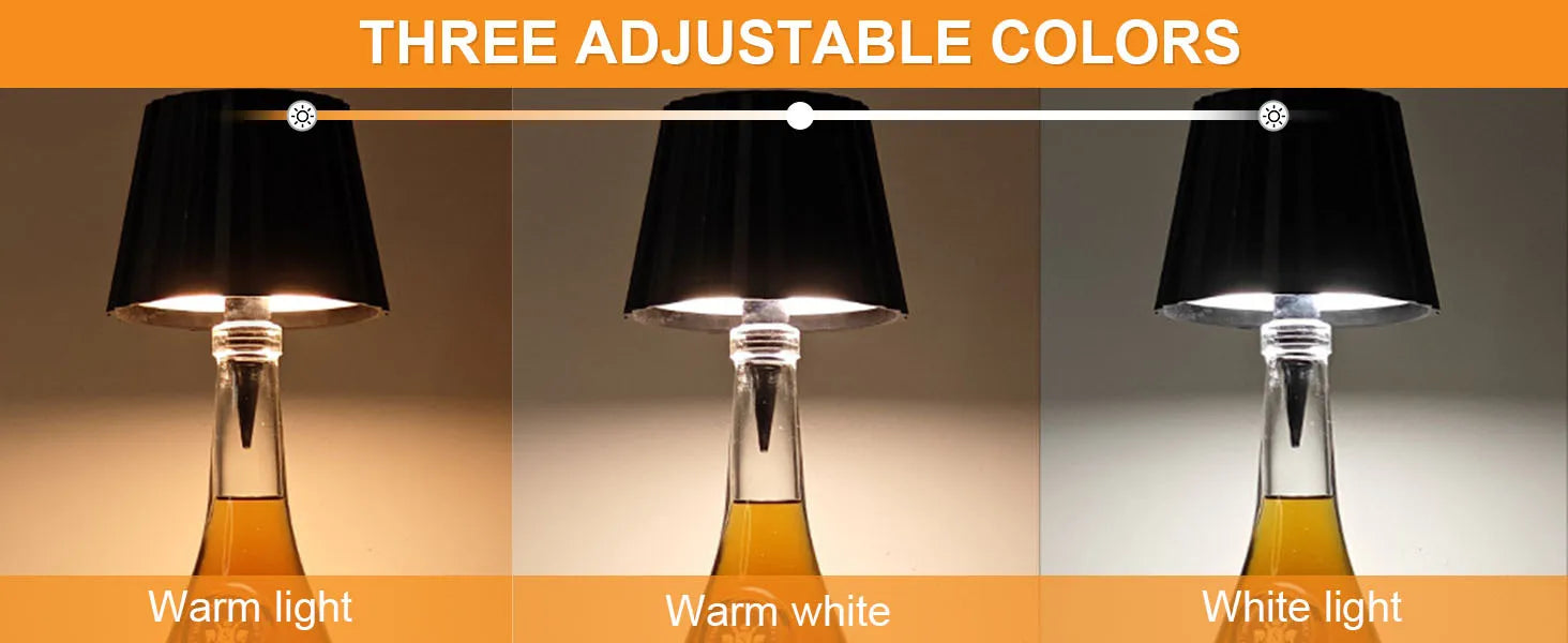 Wine bottle LED lamp showing three adjustable light modes (warm to white)