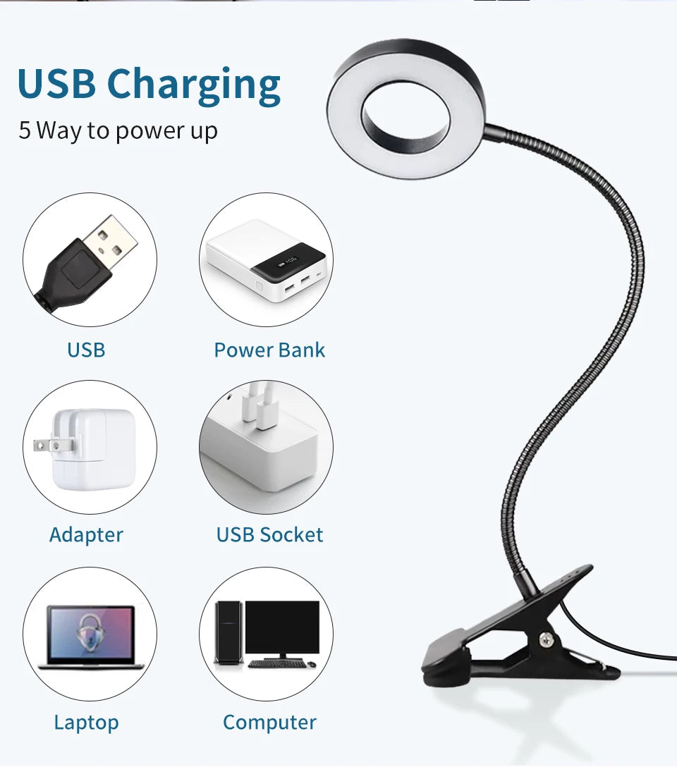 USB charging ring light reading lamp with clip base and flexible neck