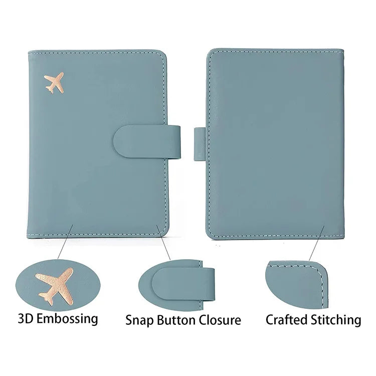 Light blue passport cover detail view: flap closure, airplane emblem, and stitched border