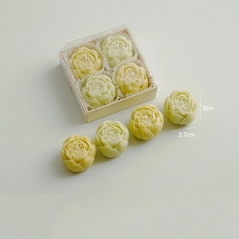 Rose-shaped scented candle gift box with ivory wax roses, open box with 6 candles
