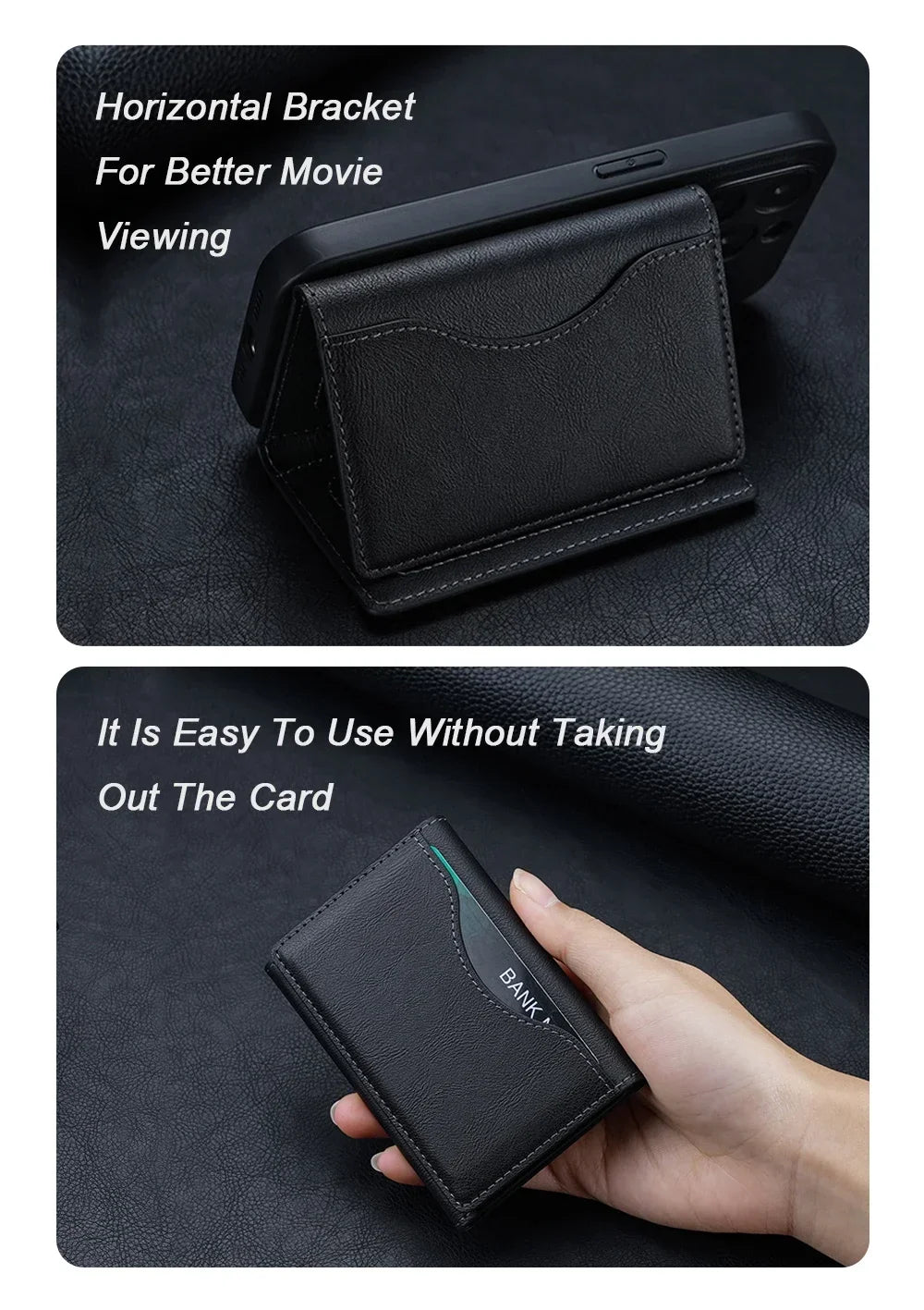 Black horizontal bracket card wallet, flip front with card pocket