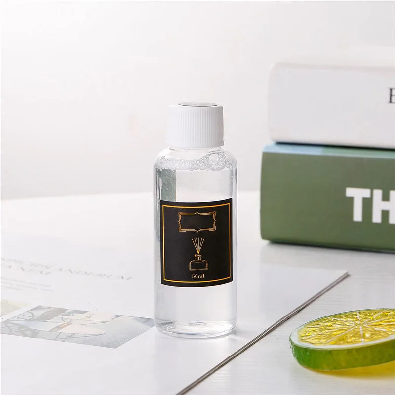 50ml reed diffuser bottle with white cap and black label, clear glass