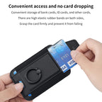 Magnetic card wallet, black with elastic bands holding cards and ID