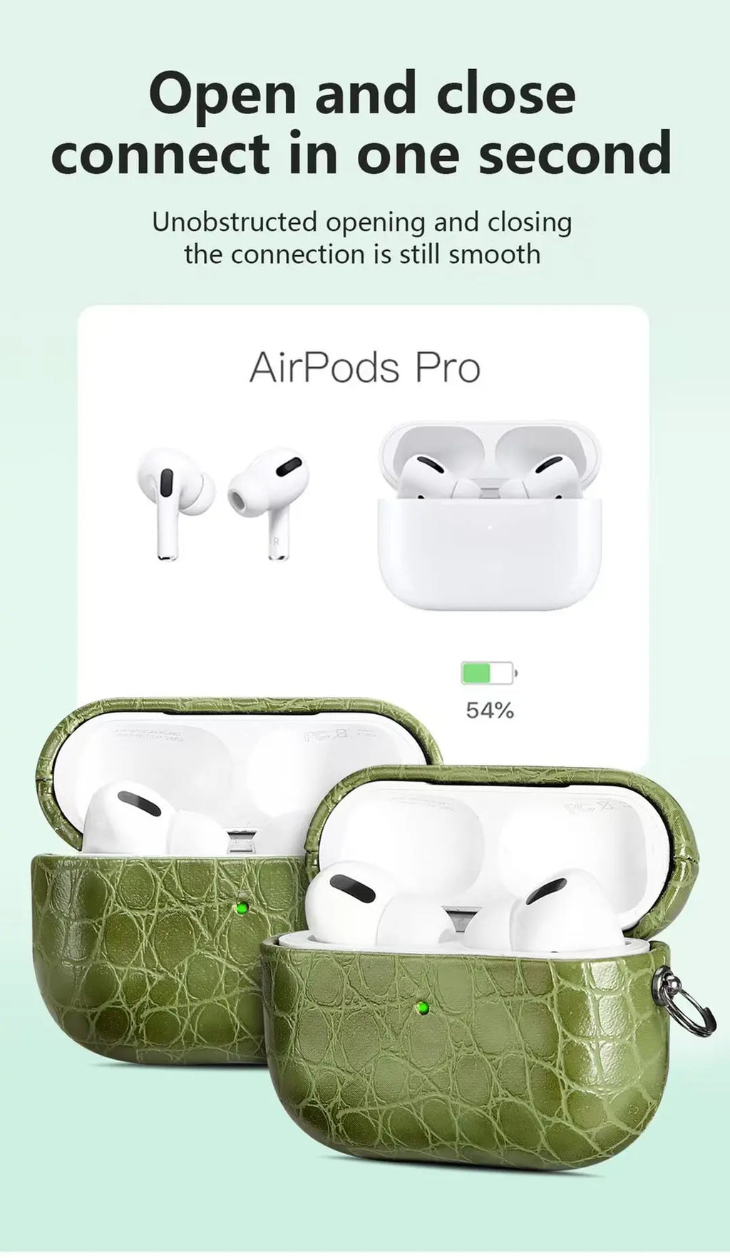 Emerald green crocodile-grain AirPods Pro case with open lid design and keychain.