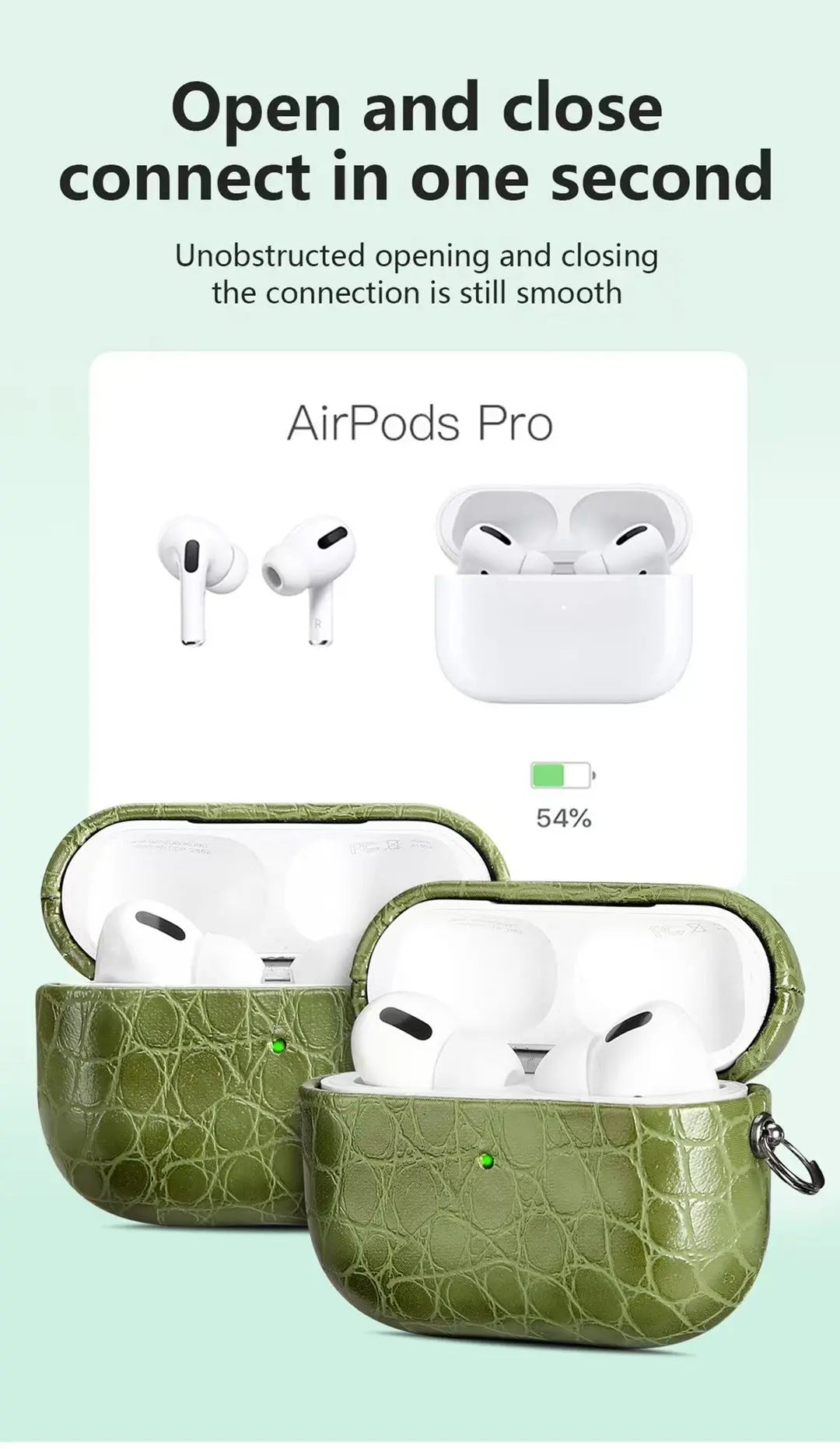Emerald green crocodile-grain AirPods Pro case with open lid design and keychain.