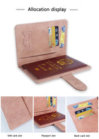 Blush passport folio open view with passport slot and bank card card slot details
