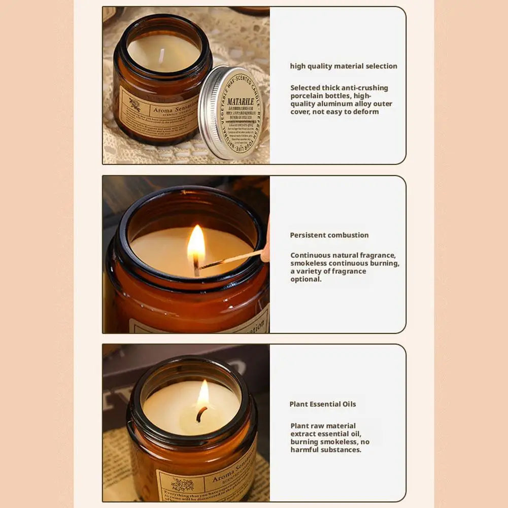 Amber candle jar closeups with metal lid and lit wax, feature panels shown