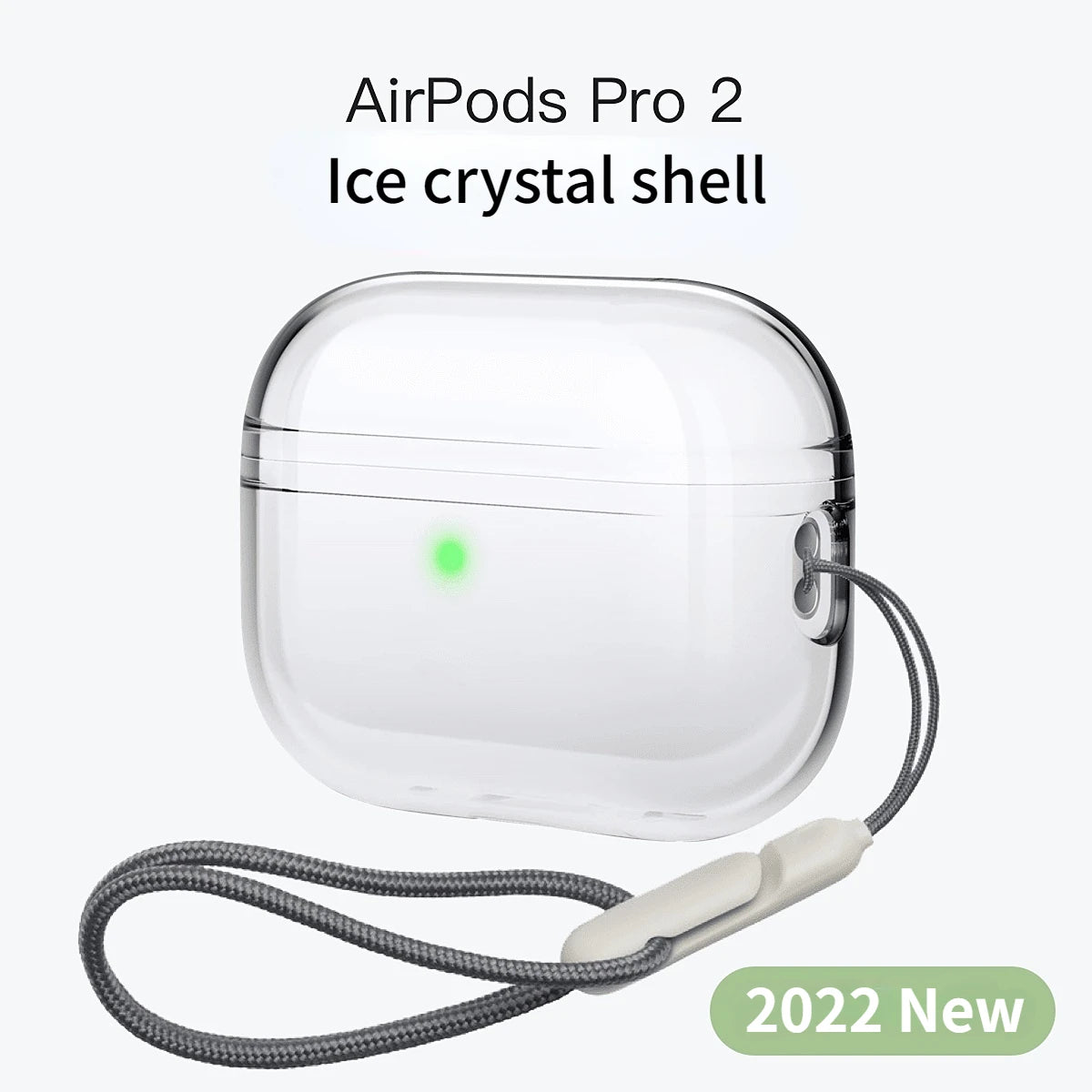 Clear AirPods case with ice-crystal shell and gray braided wrist strap