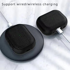 Black leather AirPods keyring case with charging port cutout and side speaker holes