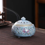 Sky Blue enamel lotus incense burner, vented domed lid with floral design