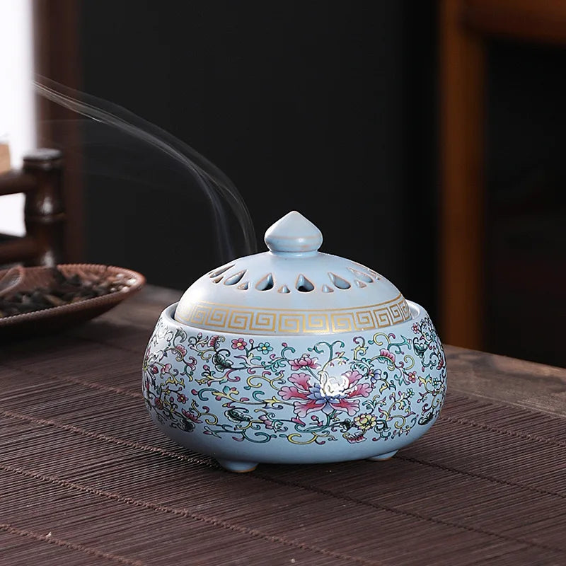 Sky Blue enamel lotus incense burner, vented domed lid with floral design