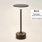 Black cordless reading lamp with round dark top, tall stem, and cylindrical base