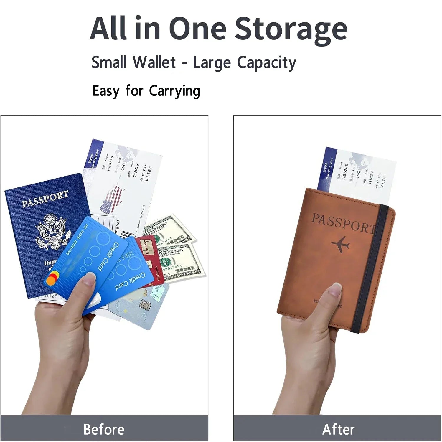 Passport wallet with slots for cards and documents; hands hold folded wallet
