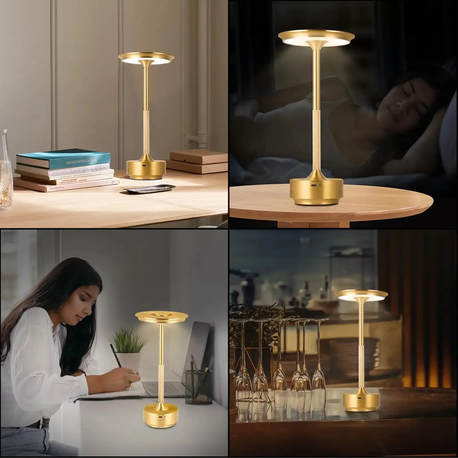 Champagne gold wireless touch lamp on a table, lit for indoor and nighttime use