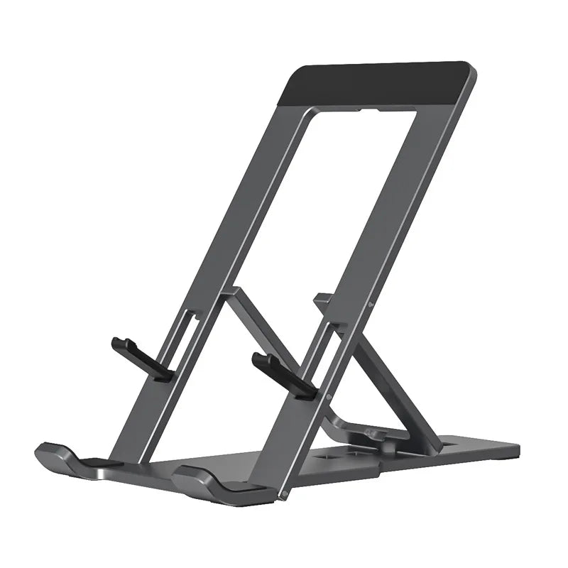 Adjustable aluminum stand in slate grey with support rails and anti-slip feet