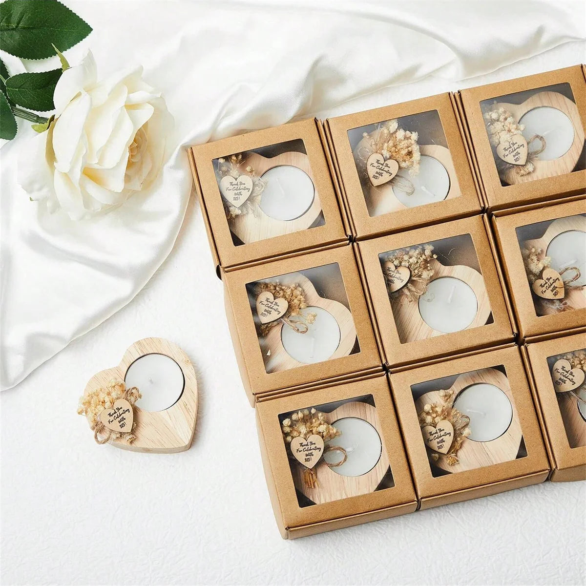 Heart-shaped scented candle favors with wooden holder and dried flowers, boxed set