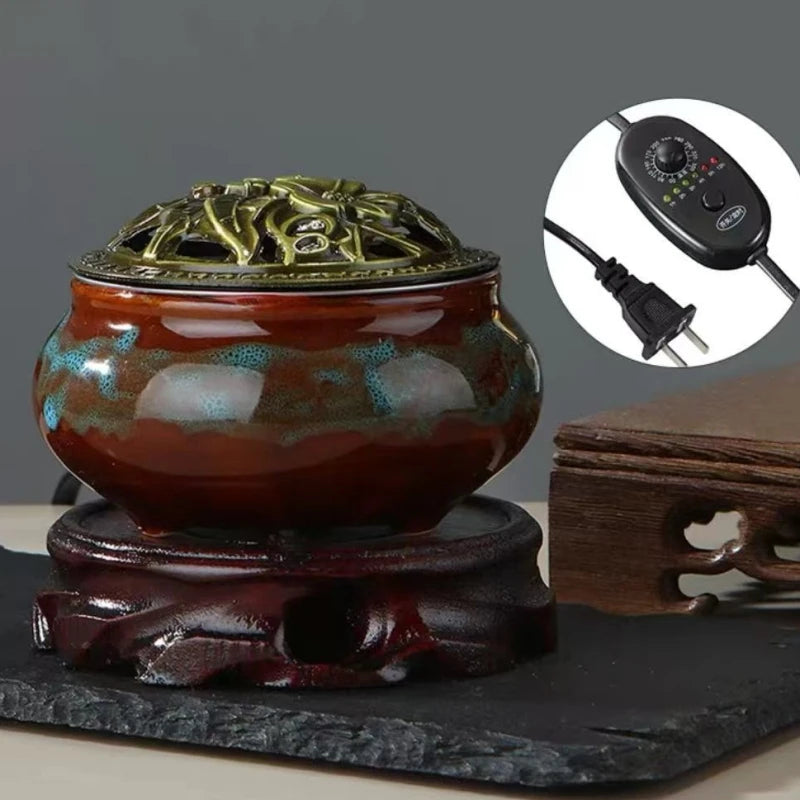 Ceramic electric incense warmer with gold floral lid and marbled red-blue ceramic bowl