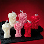 Rose-shaped scented candle set: white, pink, and red figures with “God of Love”