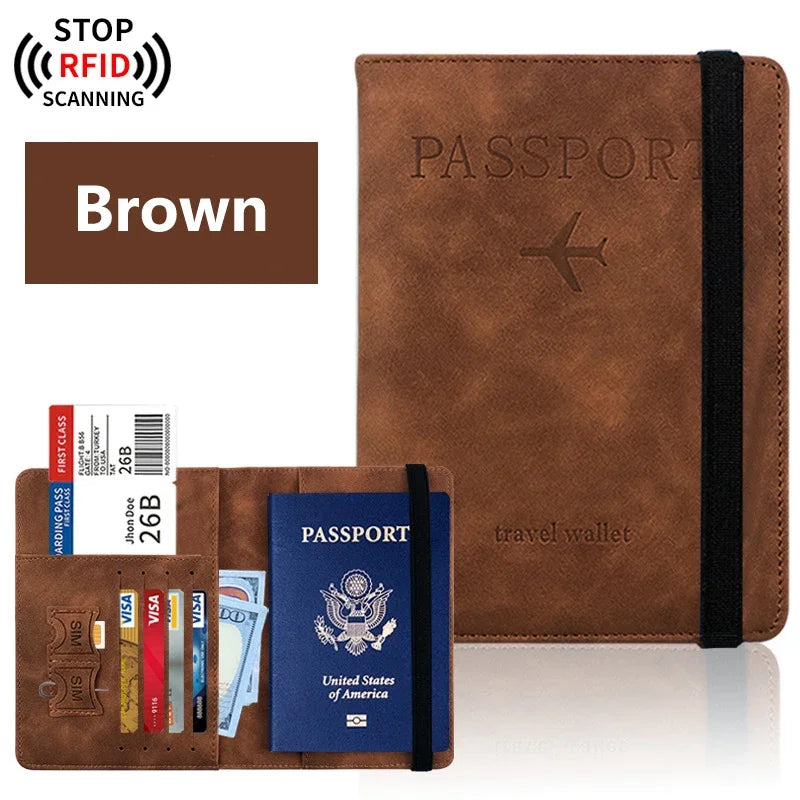 Cognac brown RFID passport wallet with airplane emblem, side strap and card pockets