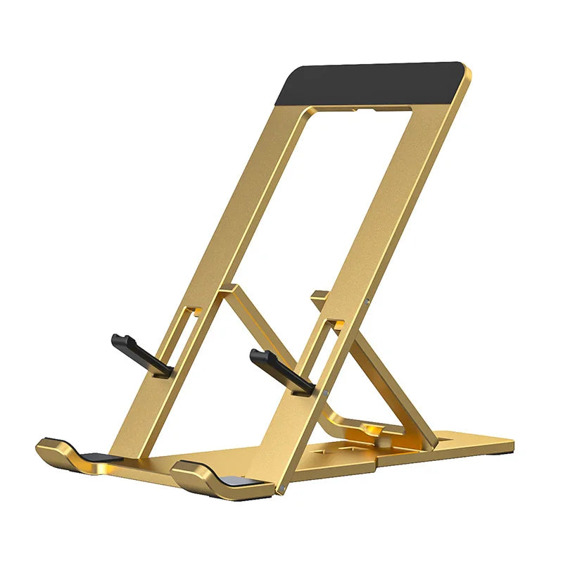 Adjustable aluminum stand in gold with support rails and anti-slip base feet
