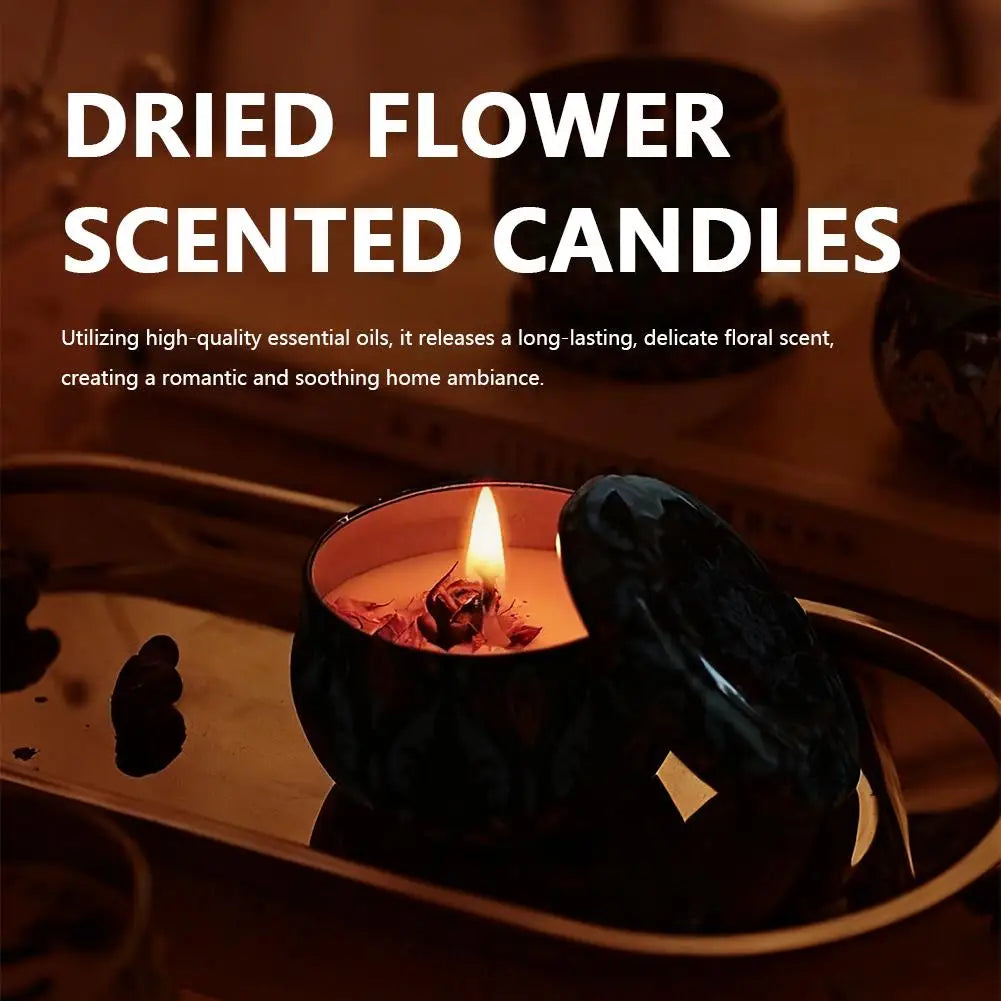 Flame-lit vintage jar scented candle in dark patterned lid, warm wax pool visible