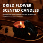 Flame-lit vintage jar scented candle in dark patterned lid, warm wax pool visible