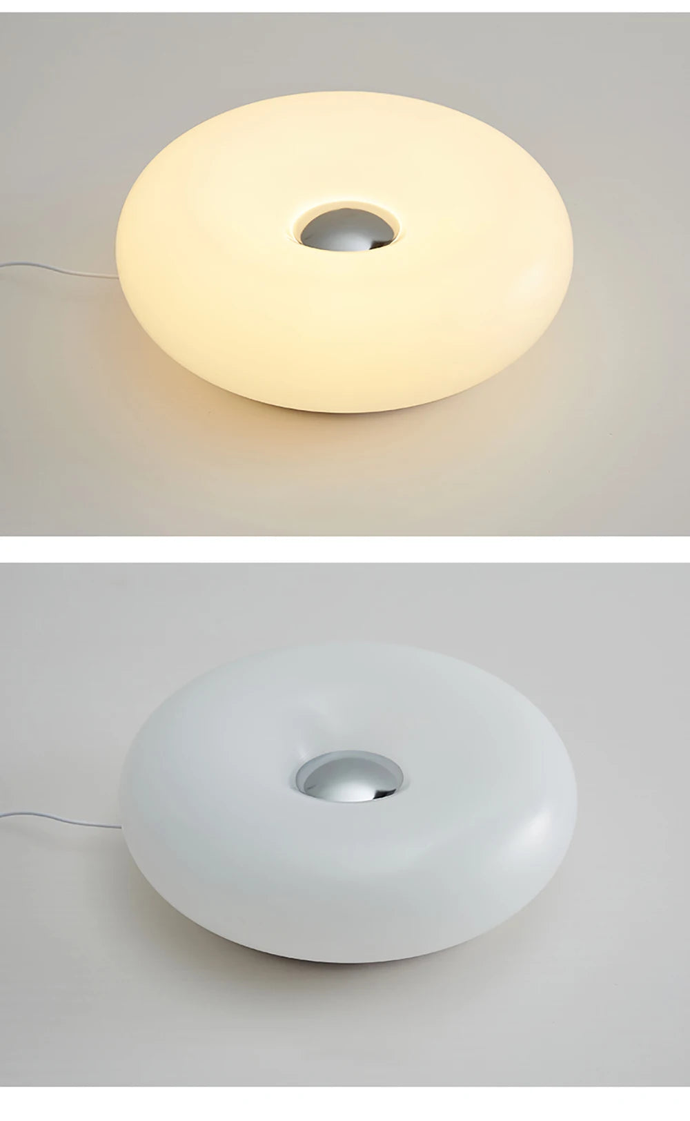 White donut table lamp with center circular opening; top and side views
