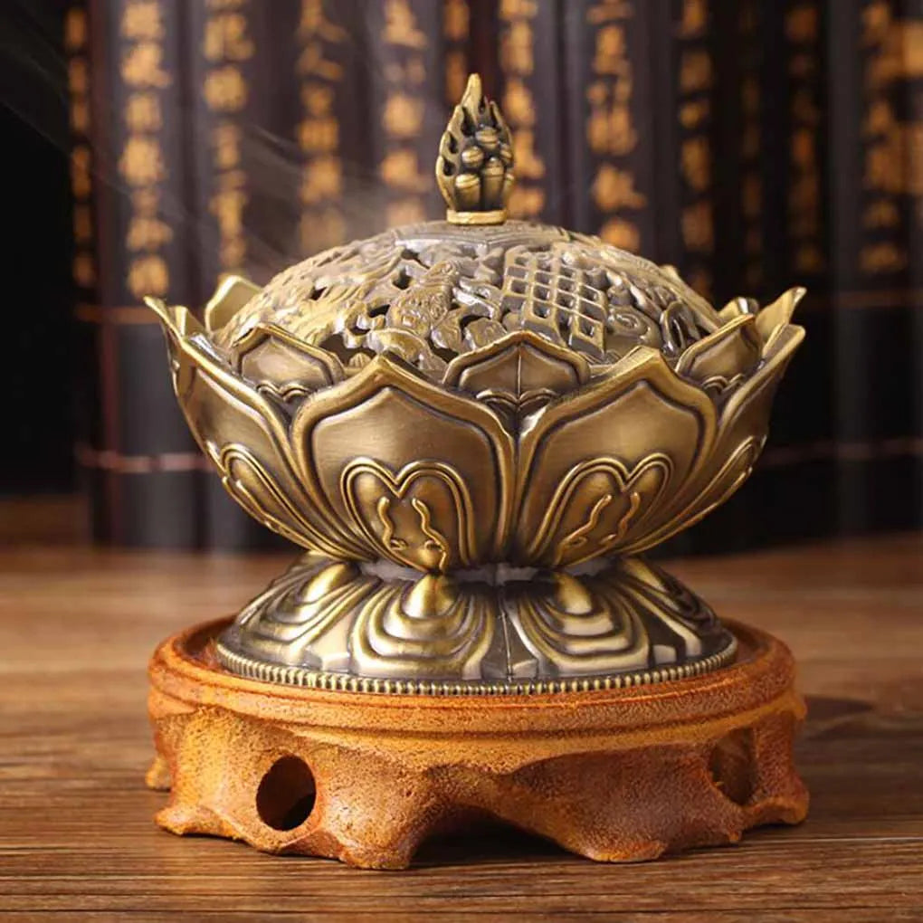 Antique bronze lotus incense burner, flame finial, scalloped petals and base openings