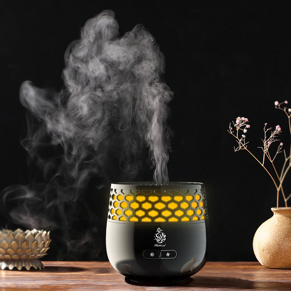 The Seven-Light Electric Bakhoor Burner, silver body with yellow hex light pattern and smoke