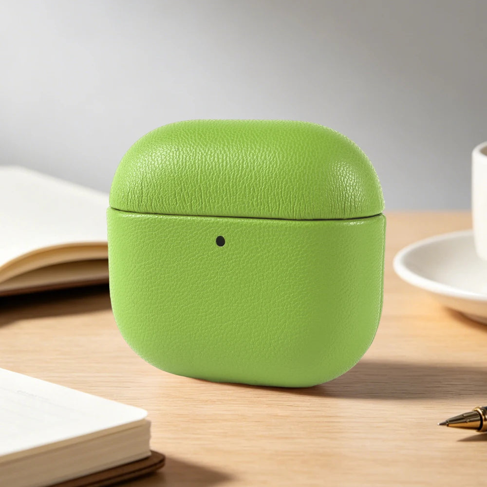 Emerald Green eco leather AirPods case, closed with textured finish
