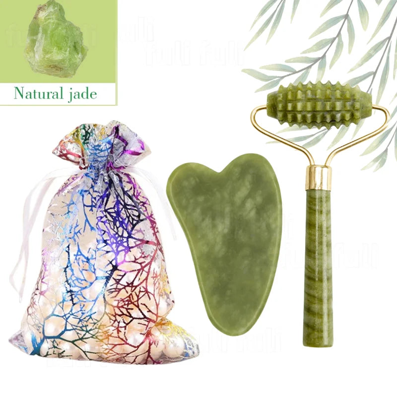 Sage jade roller and heart gua sha, with gift pouch
