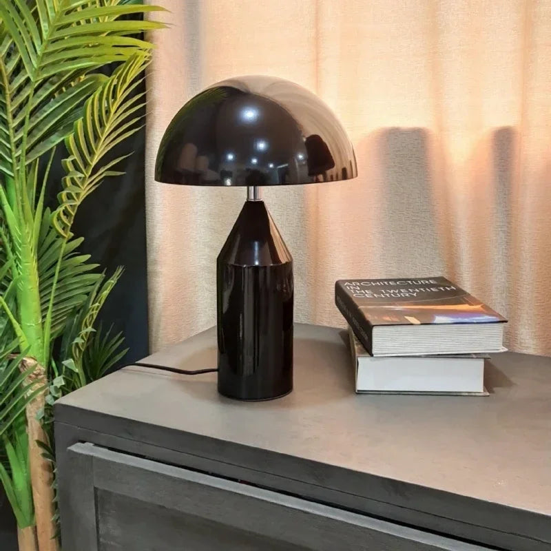 Black mushroom LED table lamp with glossy dome shade and black column base