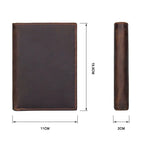 Compact travel document wallet size chart: 11cm by 15.5cm, brown leather panel