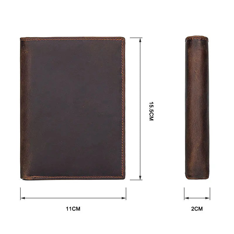 Compact travel document wallet size chart: 11cm by 15.5cm, brown leather panel