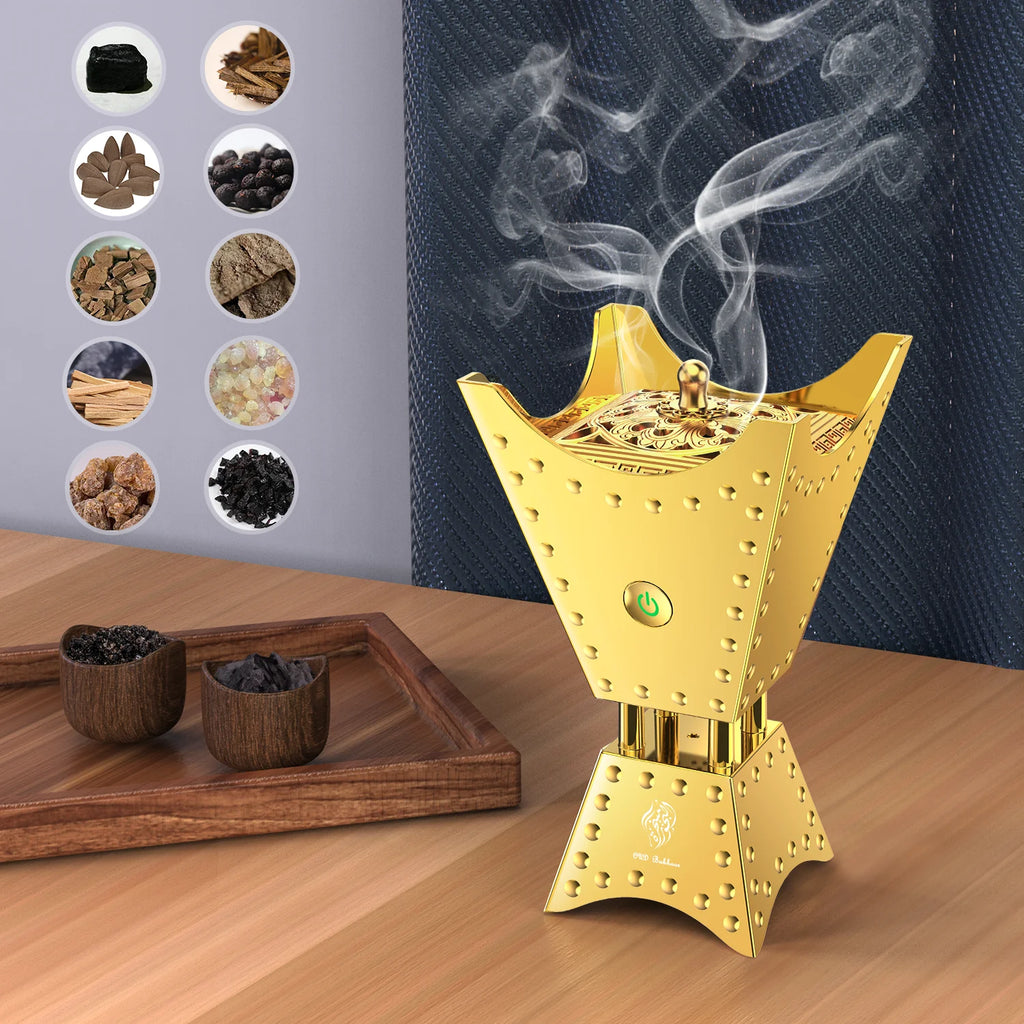 Gold electric incense burner with decorative lid and rising steam, front view