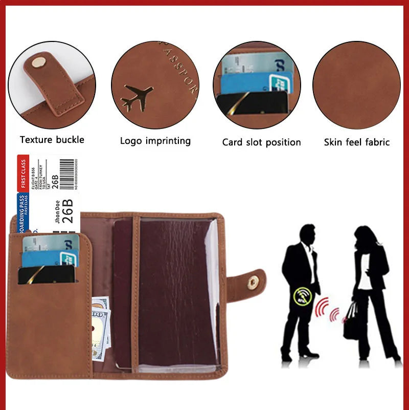 Open passport folio detail: card slots and airplane logo with fabric texture and snap tab